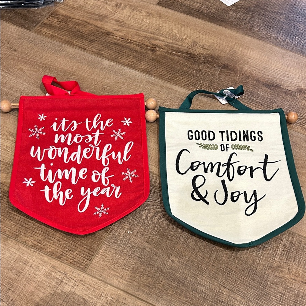 2 Festive Red and Cream Holiday Wall Banners